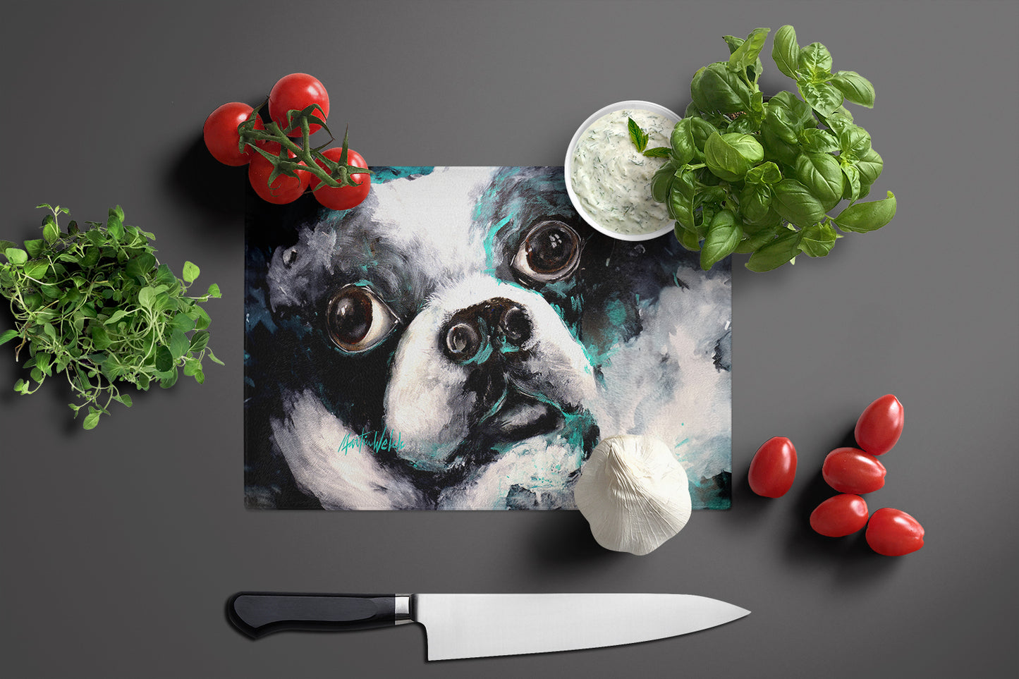 Boston Terrier Pretty Please Glass Cutting Board