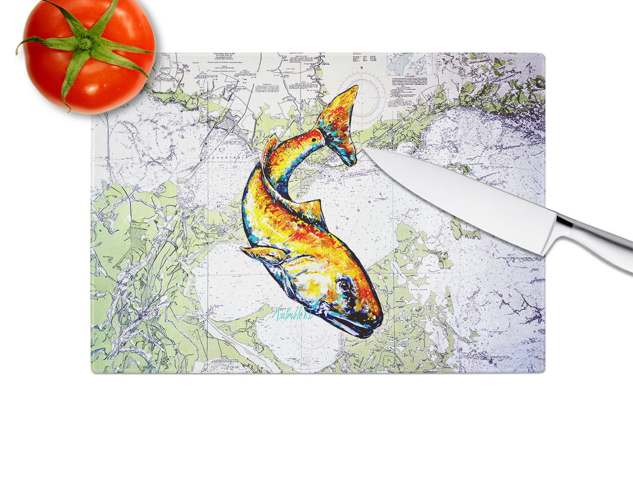 Red Fish On Map Glass Cutting Board