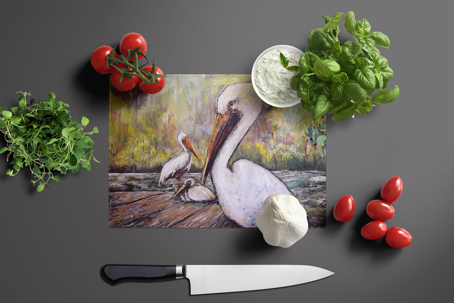 Three Pelicans on a Pier Glass Cutting Board