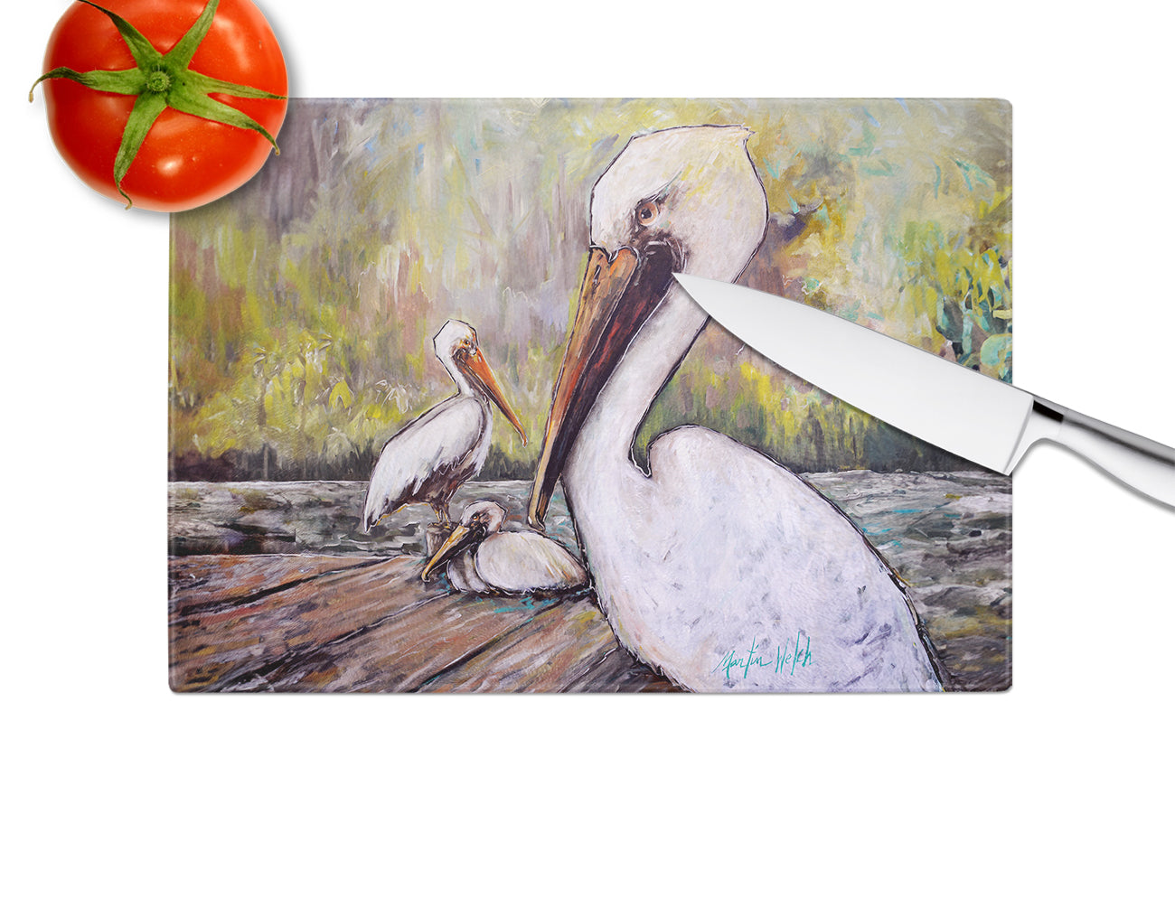 Three Pelicans on a Pier Glass Cutting Board