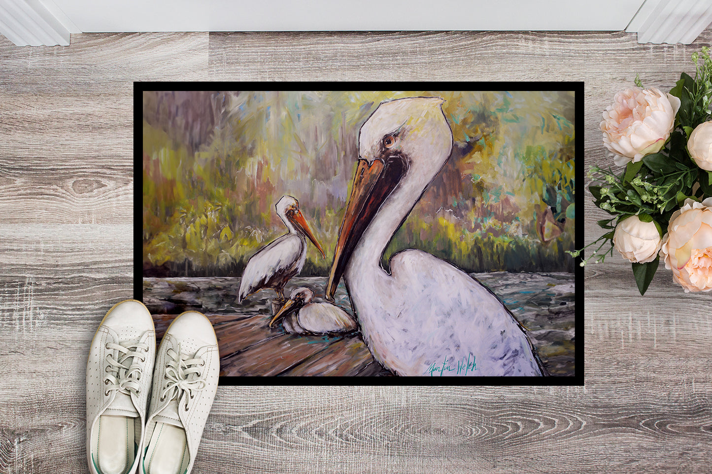 Three Pelicans on a Pier Doormat