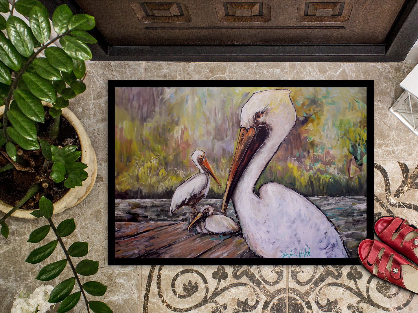 Three Pelicans on a Pier Doormat