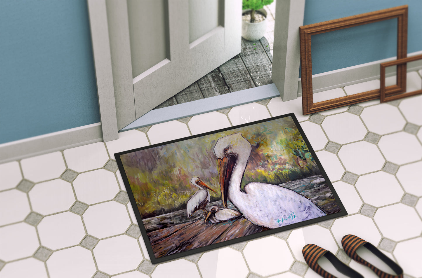 Three Pelicans on a Pier Doormat