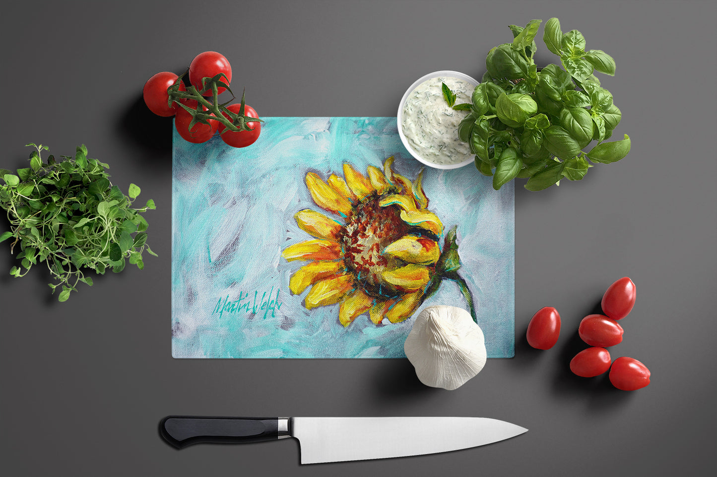 Yellow Sun Sunflowers Glass Cutting Board