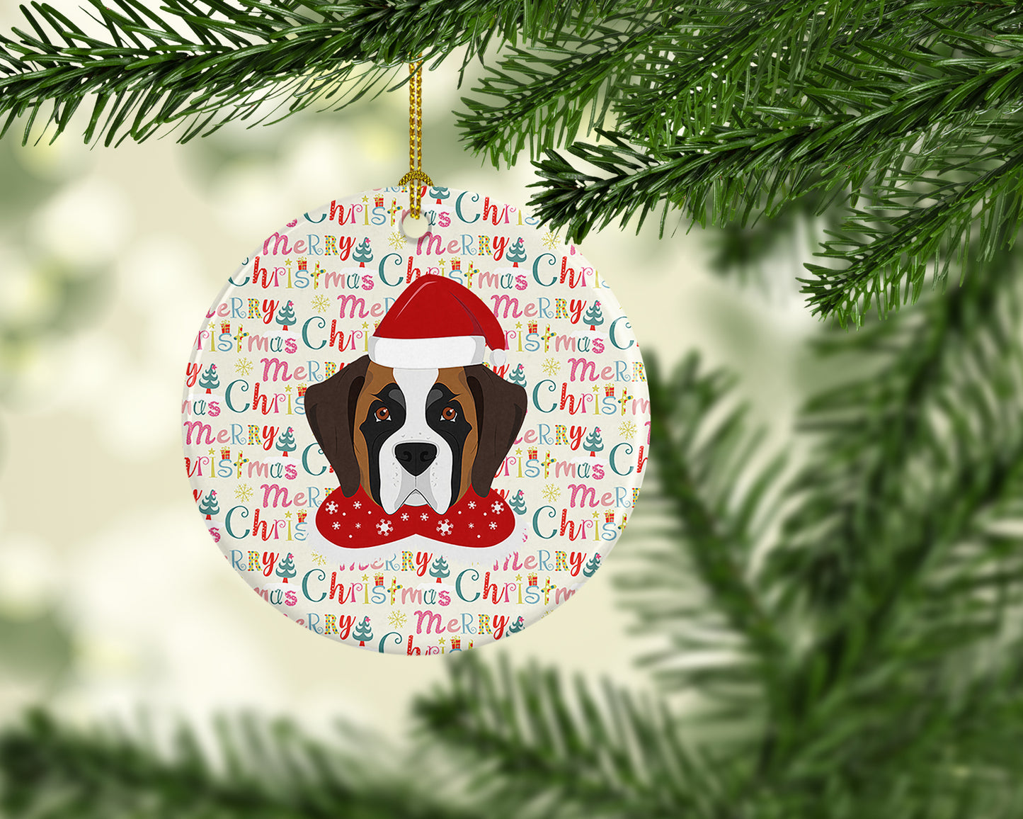 Saint Bernard Merry Christmas Ceramic Ornament