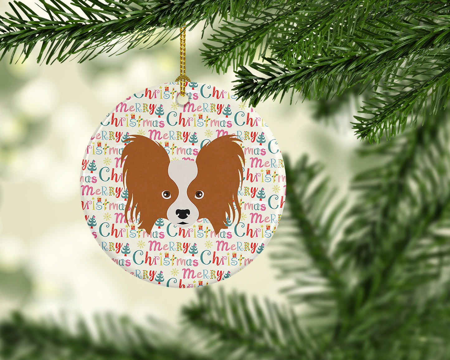 Papillon Merry Christmas Ceramic Ornament