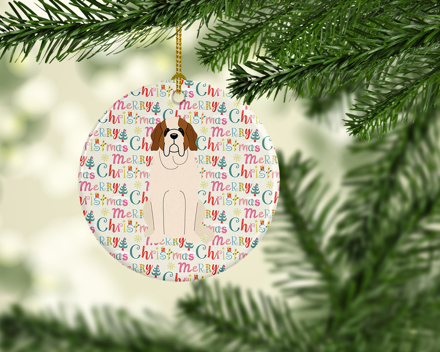 Merry Christmas Saint Bernard Ceramic Ornament