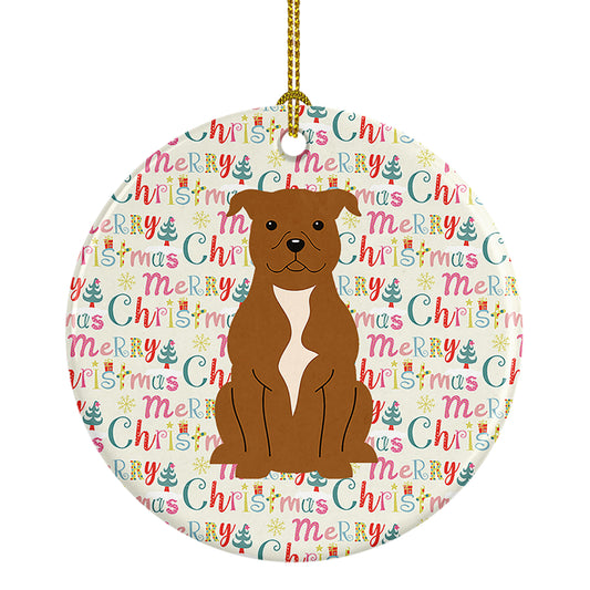 Buy this Merry Christmas Staffordshire Bull Terrier Brown Ceramic Ornament