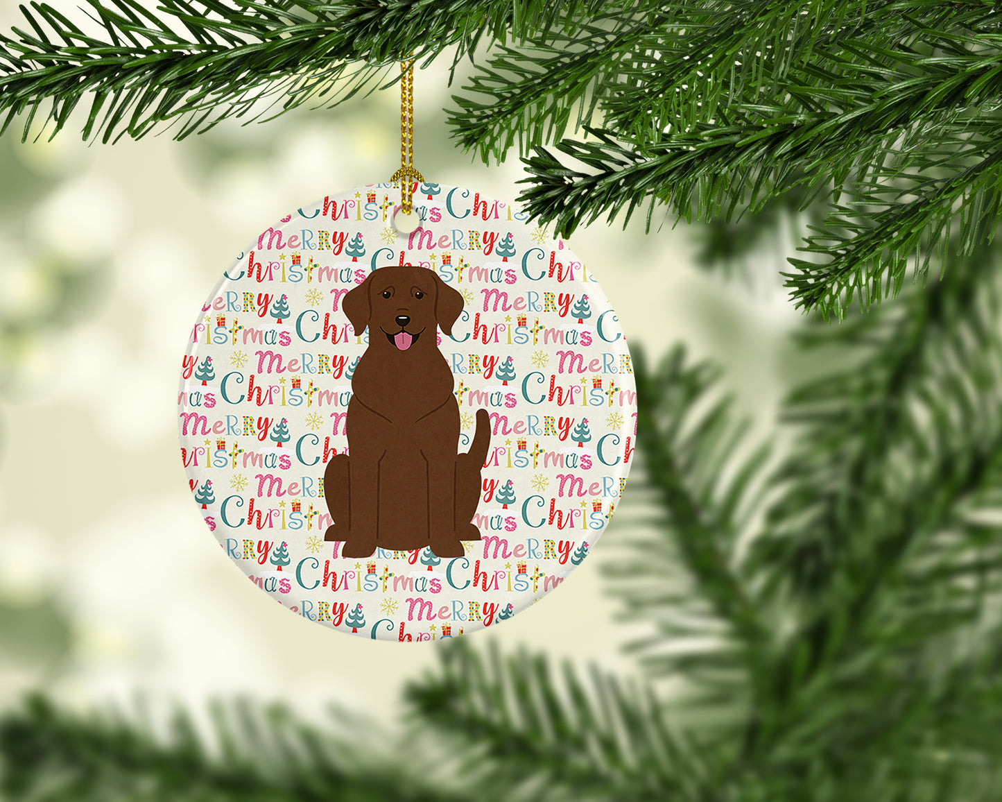 Merry Christmas Chocolate Labrador Ceramic Ornament