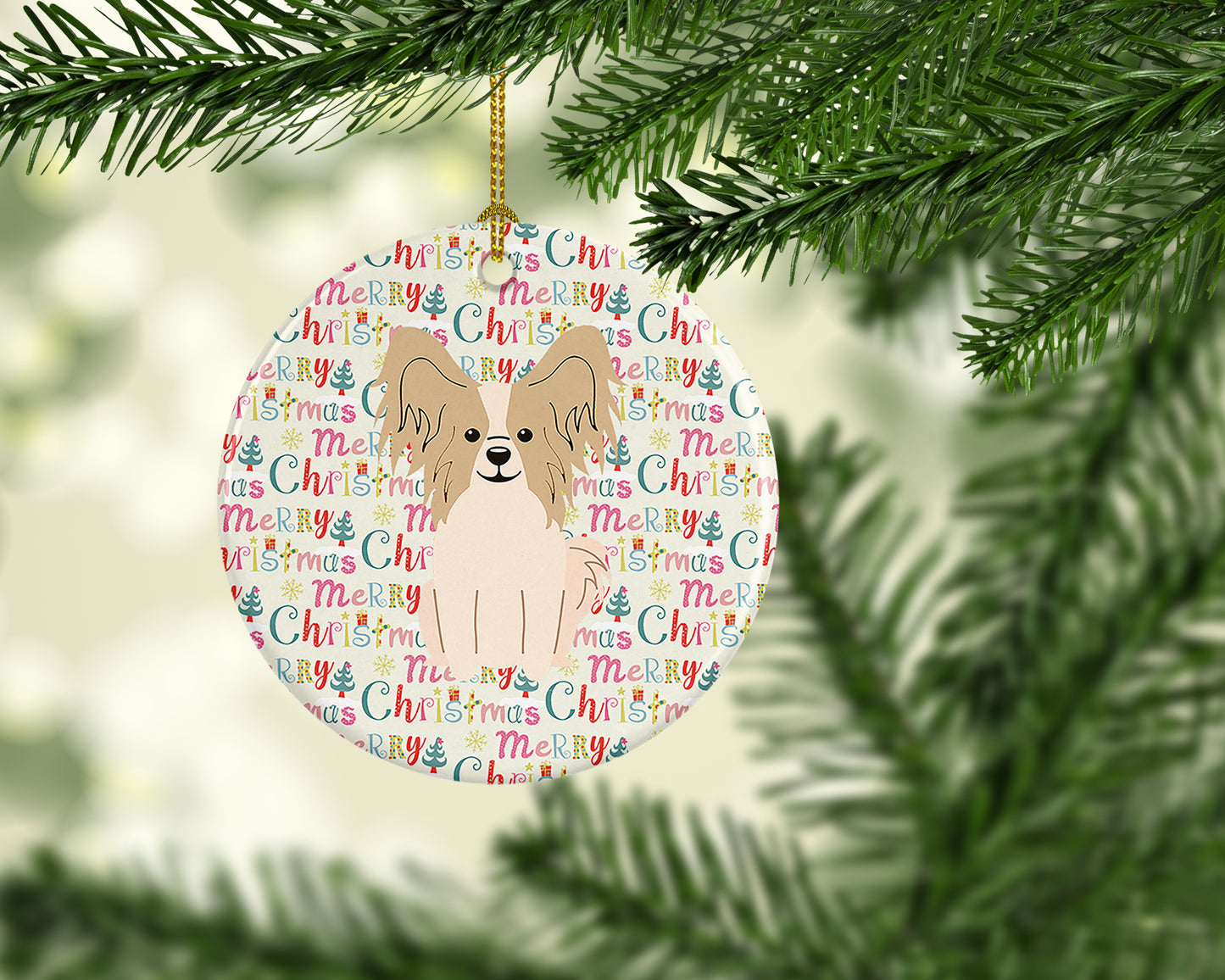 Merry Christmas Papillon Sable White Ceramic Ornament