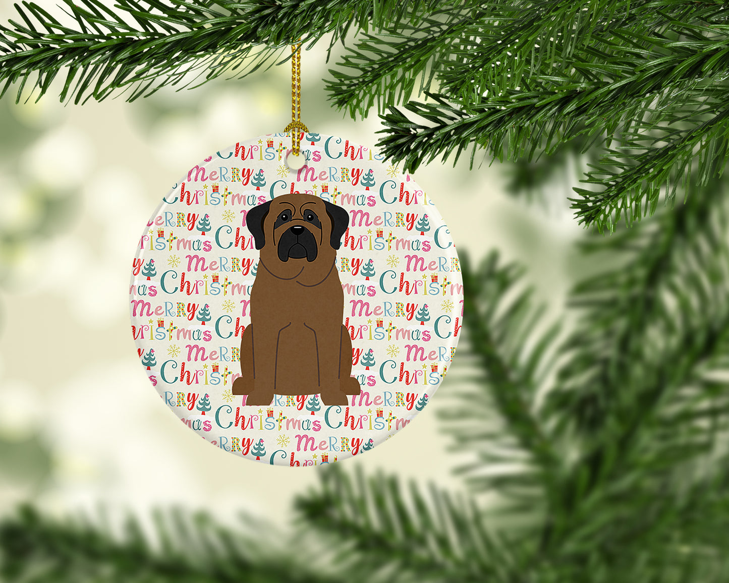 Merry Christmas Bullmastiff Ceramic Ornament