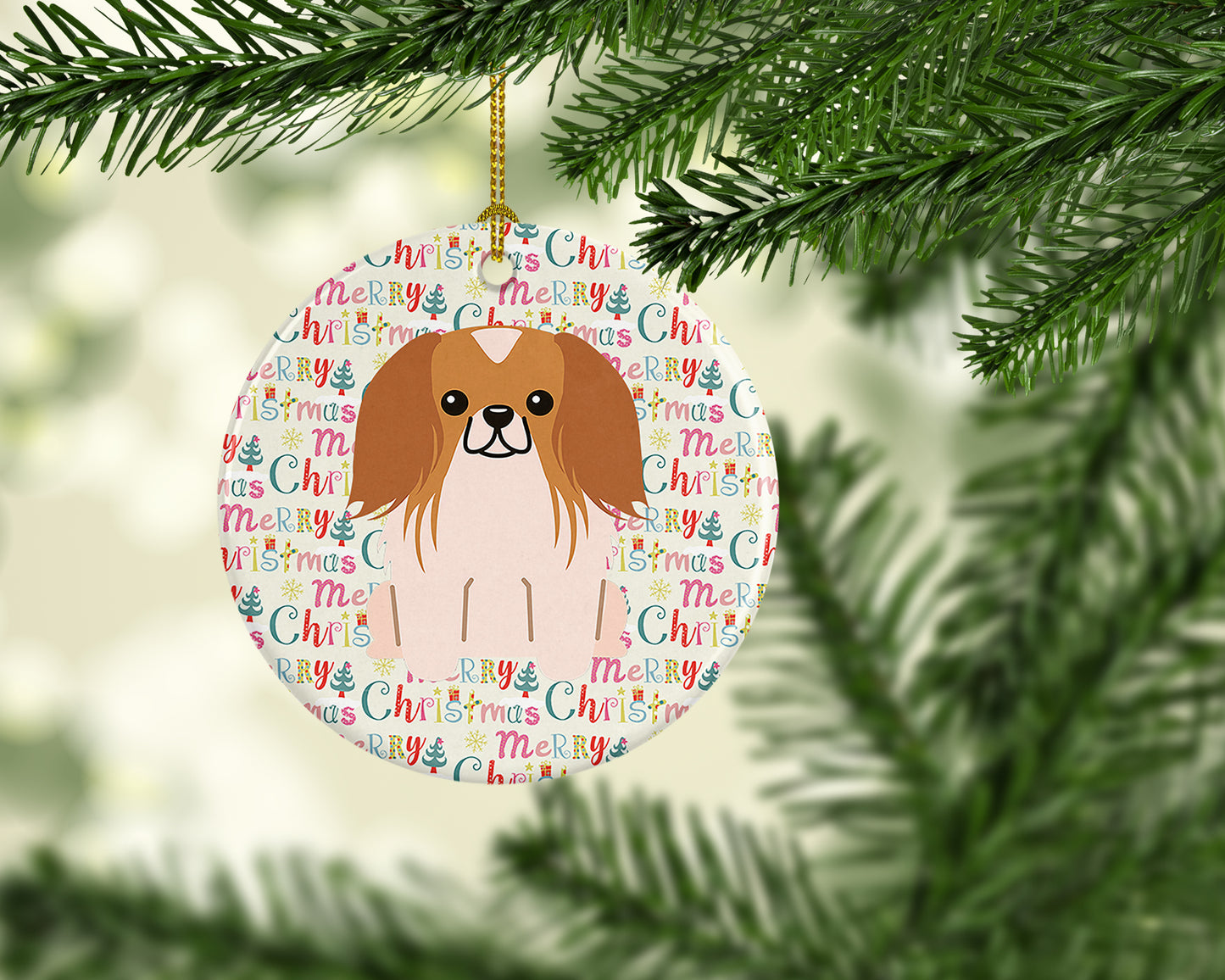 Merry Christmas Pekingese Red White Ceramic Ornament