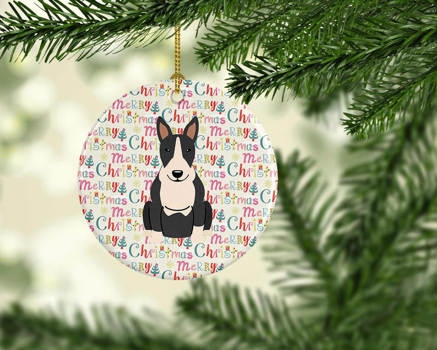 Merry Christmas Bull Terrier Black White Ceramic Ornament