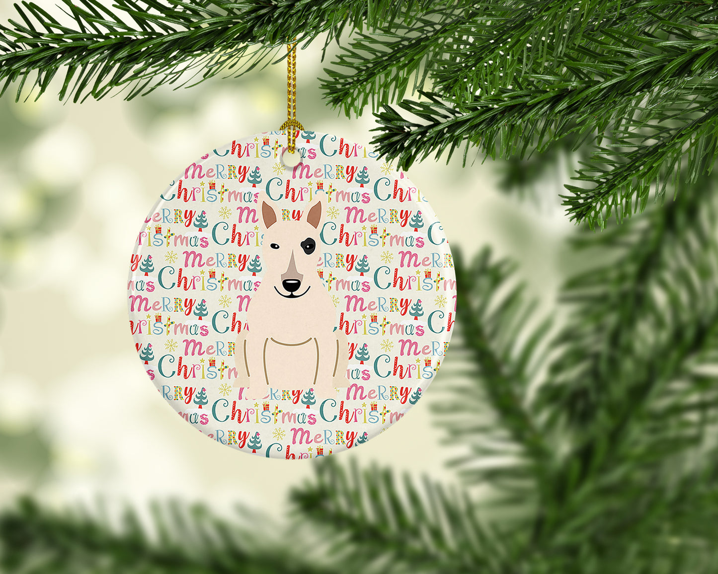 Merry Christmas Bull Terrier White Ceramic Ornament