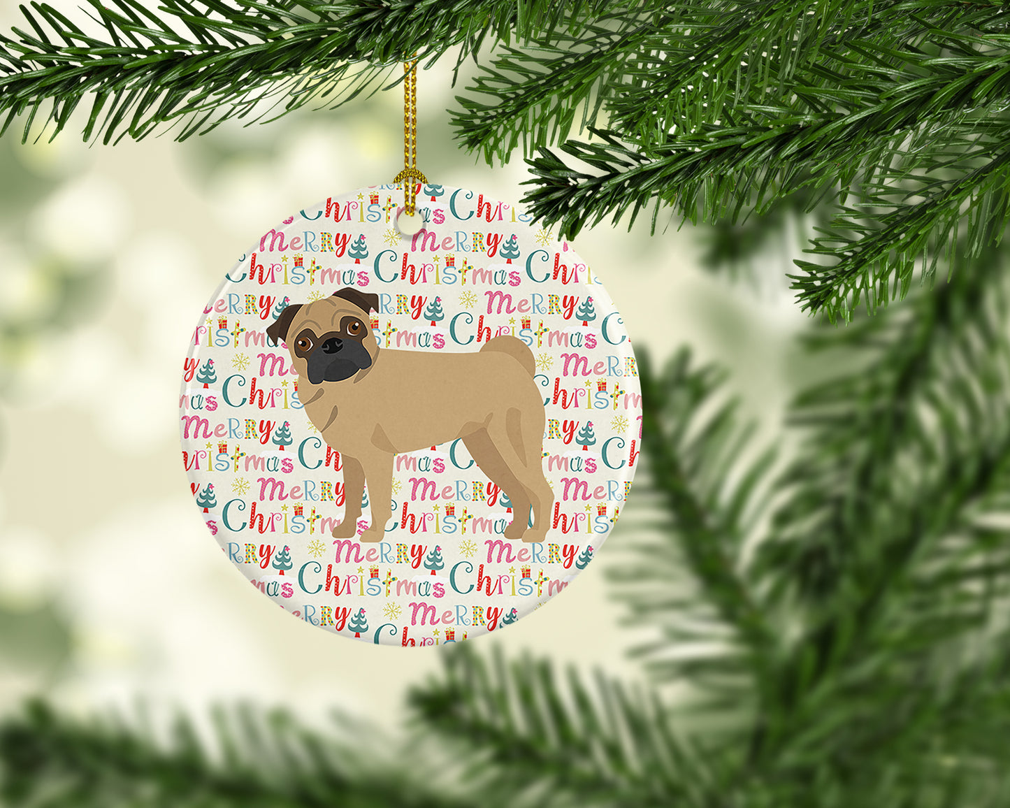 Pug Merry Christmas Ceramic Ornament