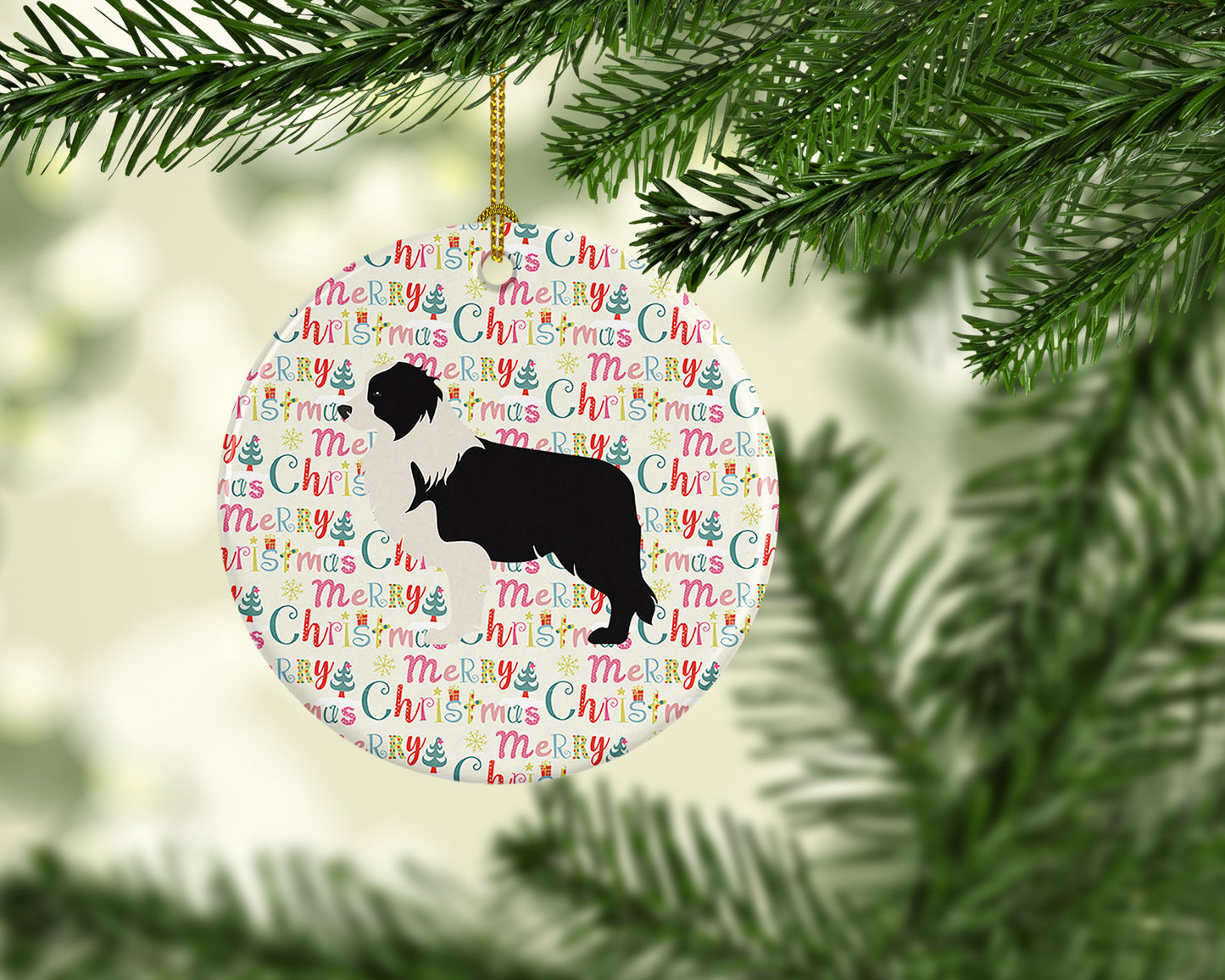 Black Border Collie Merry Christmas Ceramic Ornament