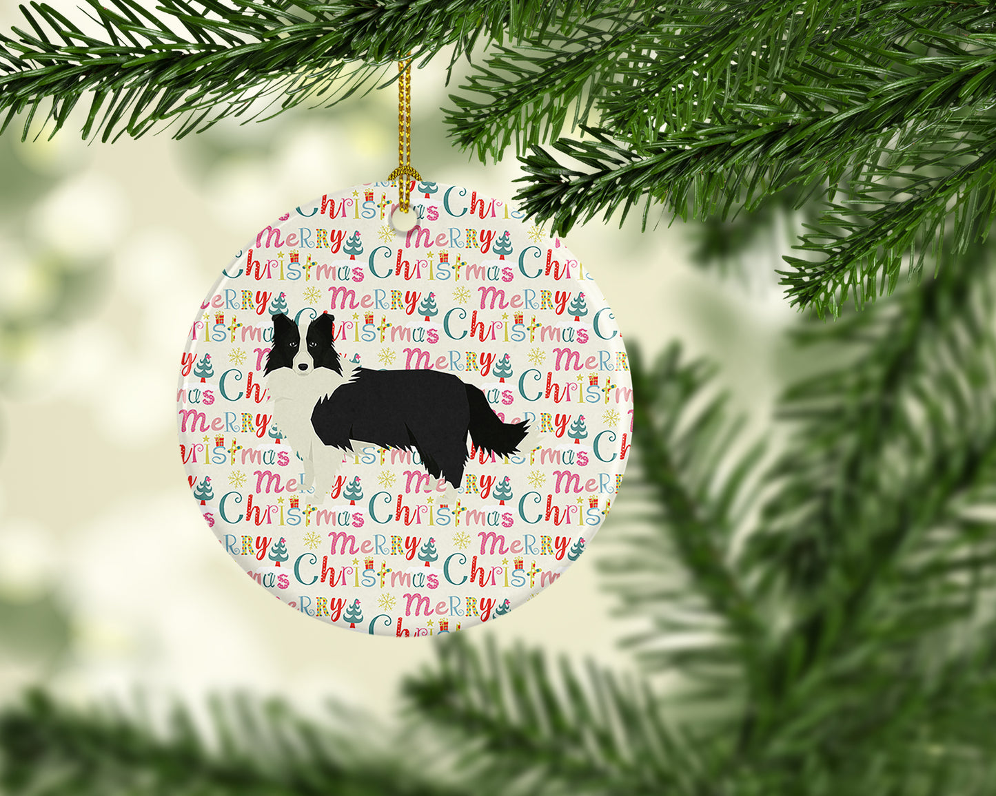 Border Collie Merry Christmas Ceramic Ornament