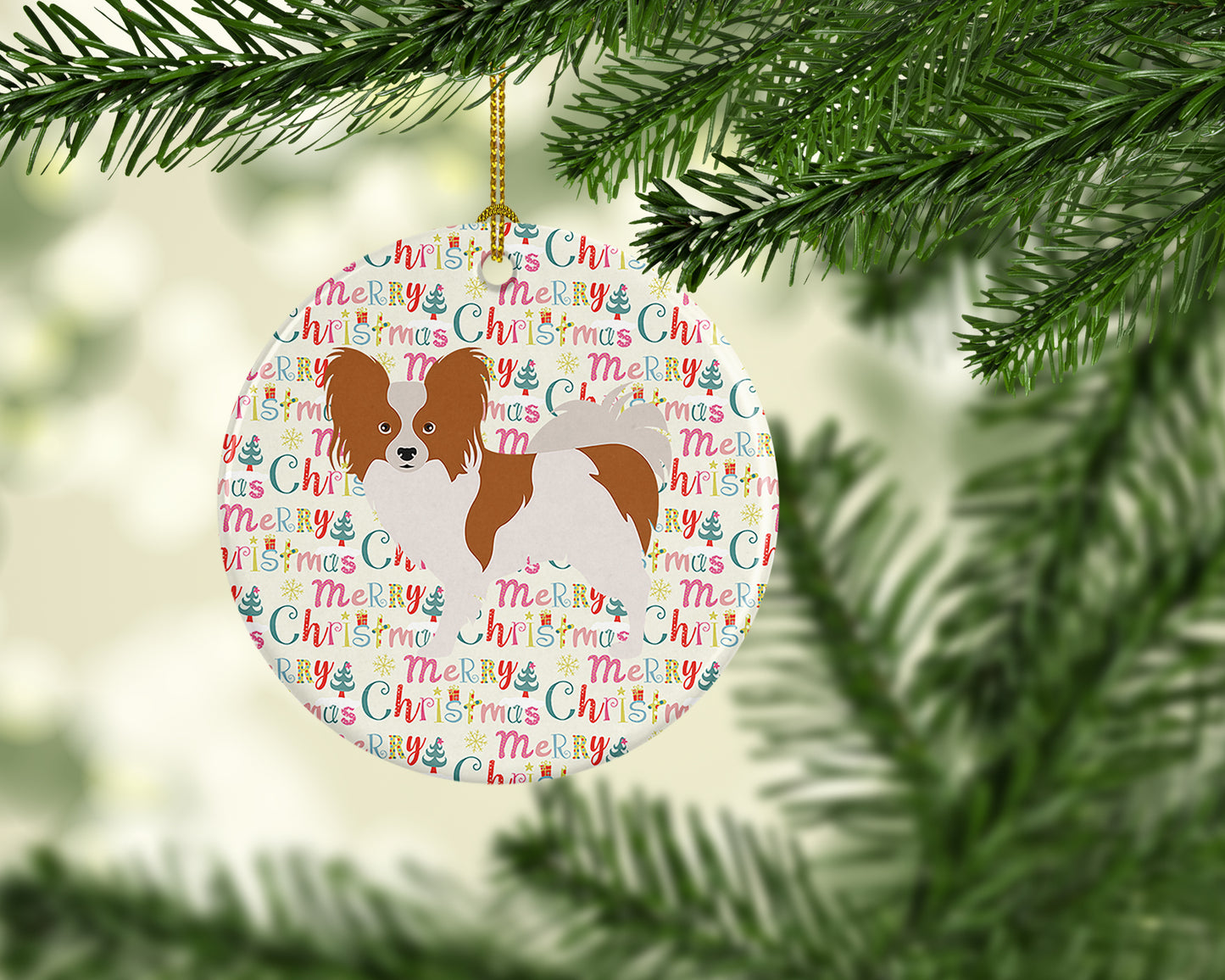 Papillon Merry Christmas Ceramic Ornament