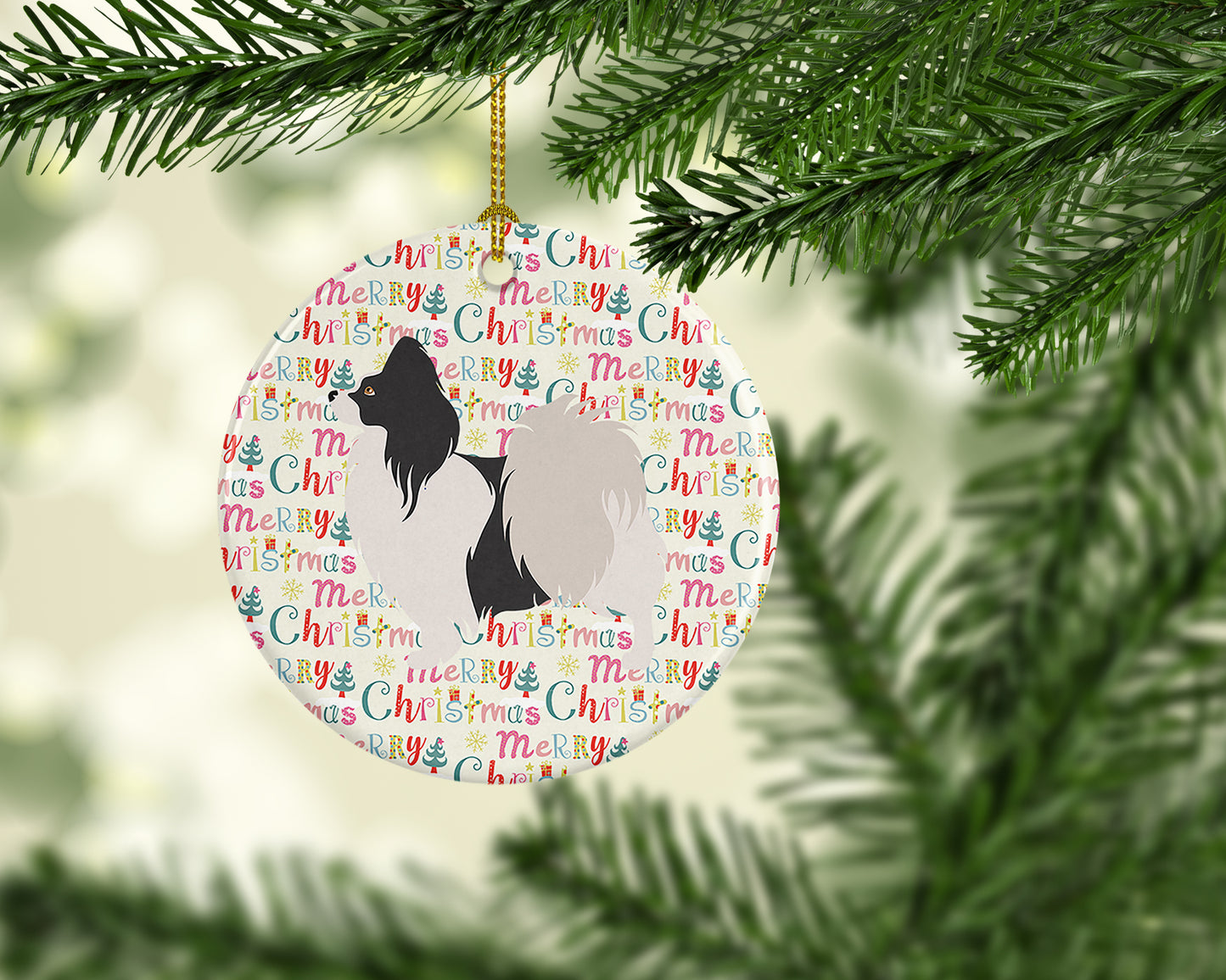 Papillon Merry Christmas Ceramic Ornament