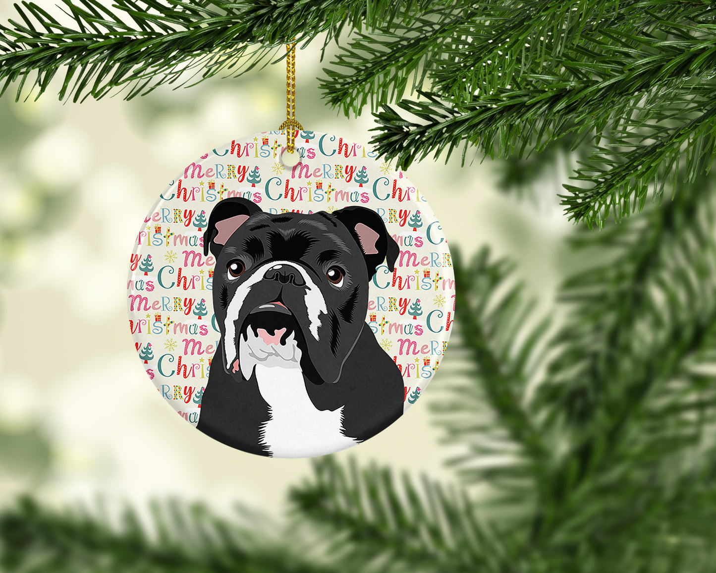 English Bulldog Black and White Christmas Ceramic Ornament