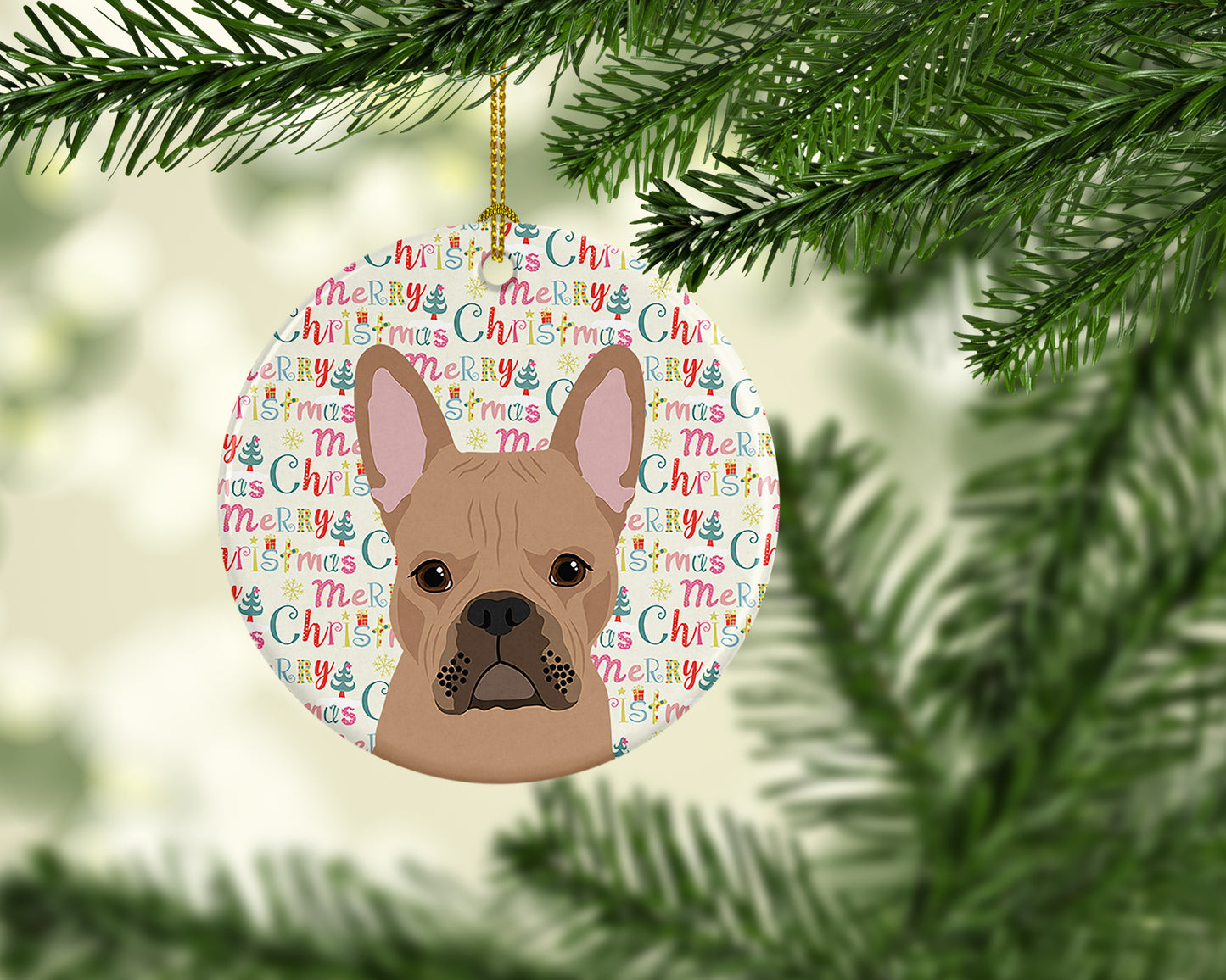 French Bulldog Cream Christmas Ceramic Ornament