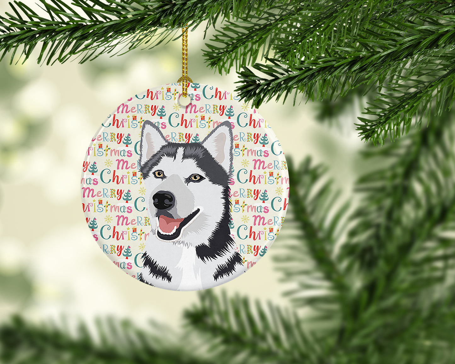 Siberian Husky Silver and White #1 Christmas Ceramic Ornament