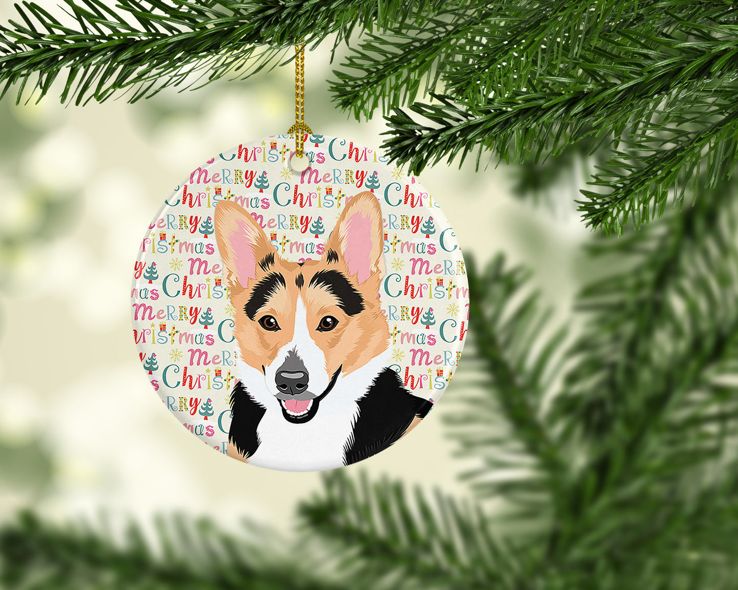 Pembroke Welsh Corgi Tricolor Red-Headed Christmas Ceramic Ornament