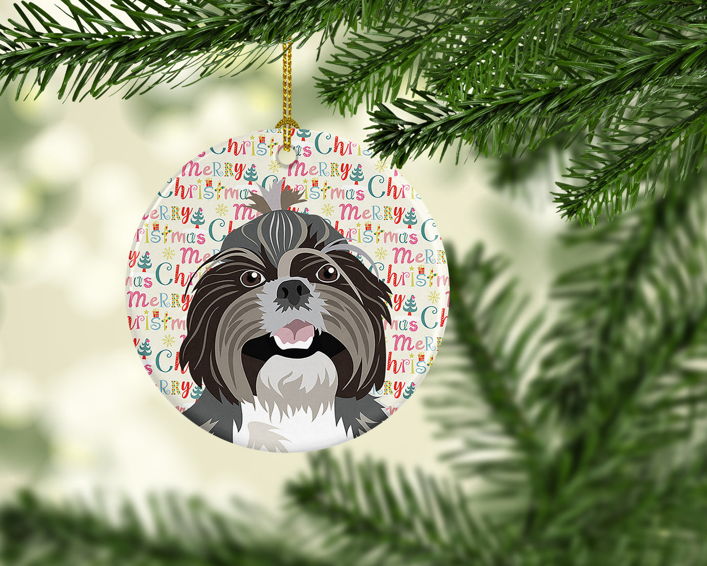 Shih-Tzu Silver and White #2 Christmas Ceramic Ornament