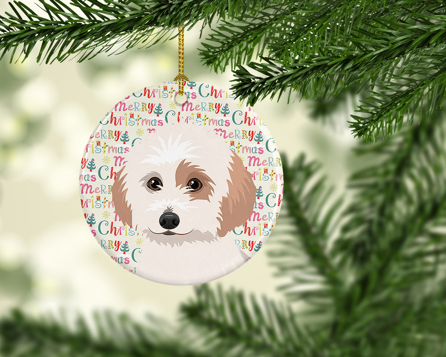 Shih-Tzu White and Red Christmas Ceramic Ornament