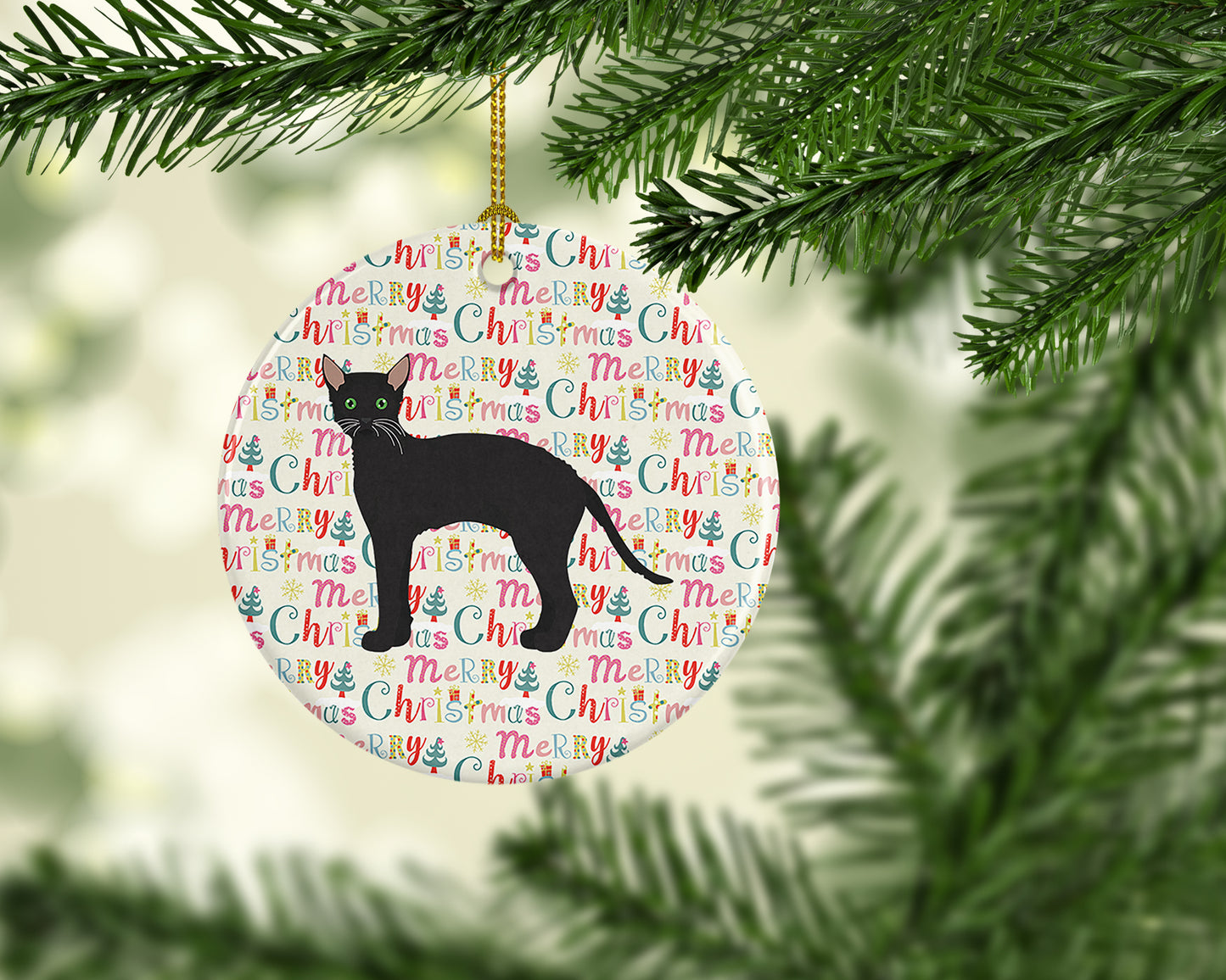 Black German Rex Cat Christmas Ceramic Ornament