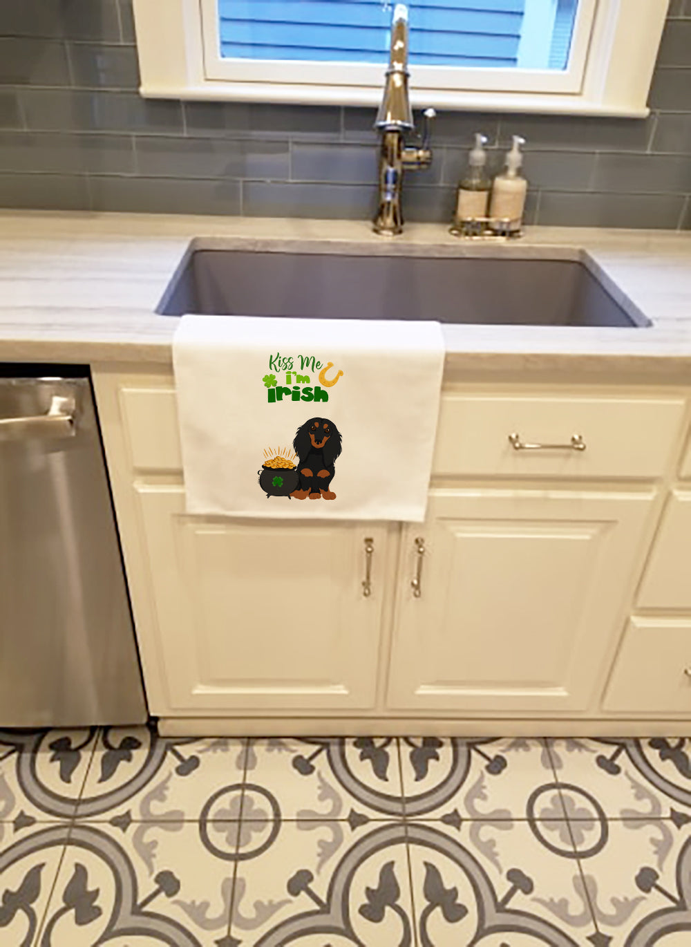Longhair Black and Tan Dachshund St. Patrick's Day Kitchen Towel Set of 2