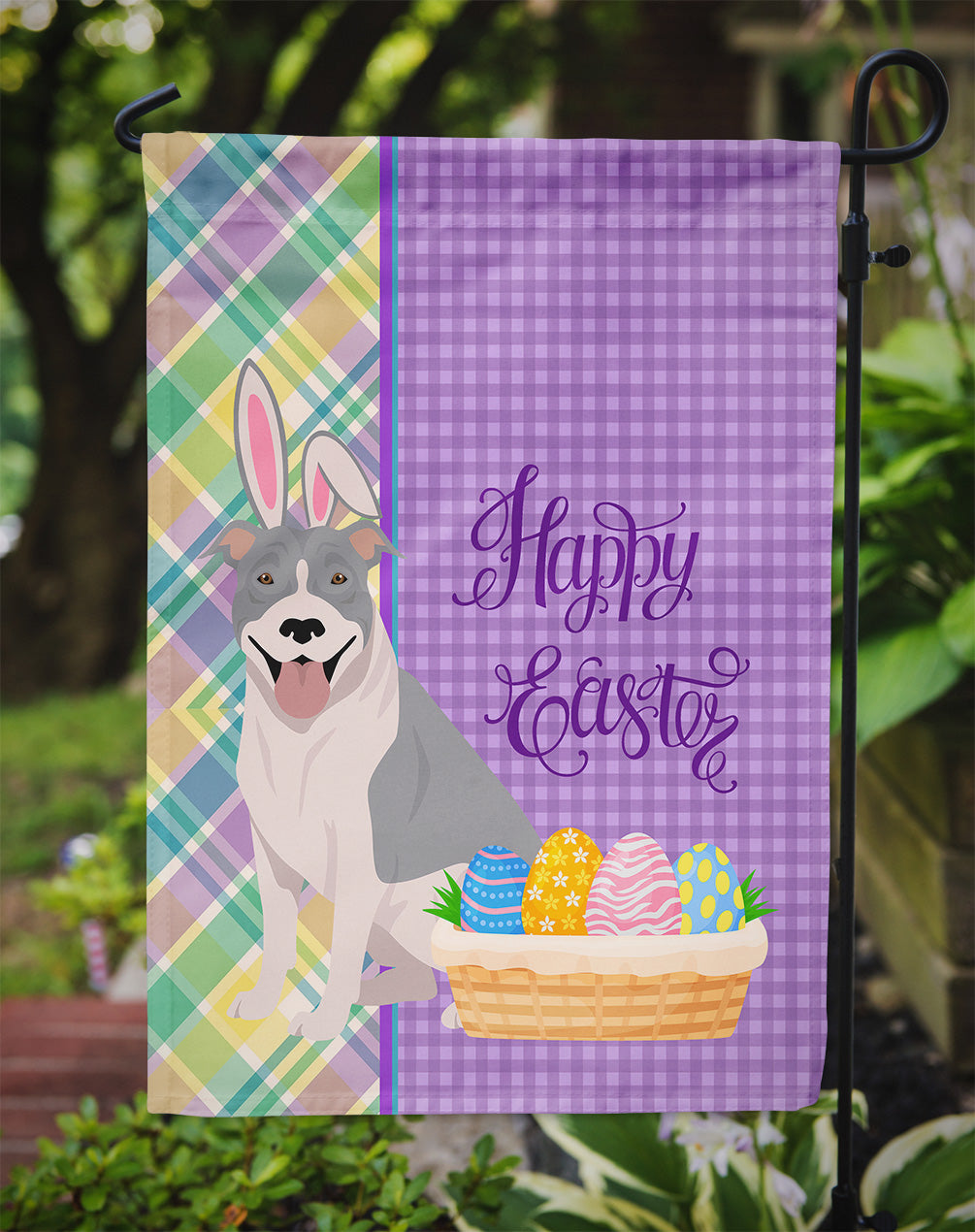 Blue and White Pit Bull Terrier Easter Garden Flag