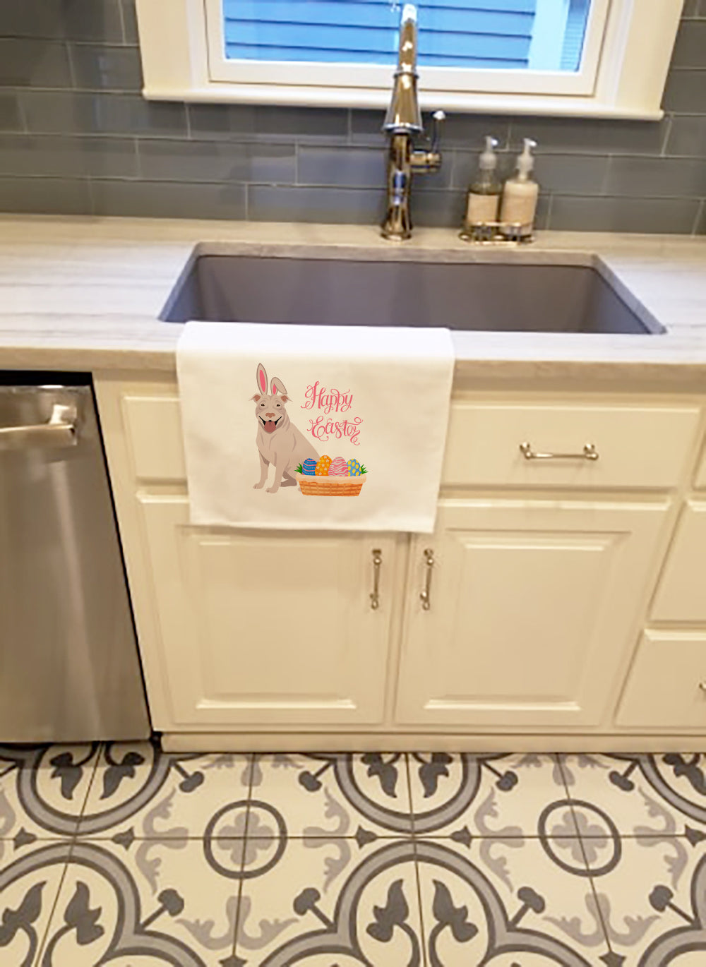 White Pit Bull Terrier Easter Kitchen Towel Set of 2