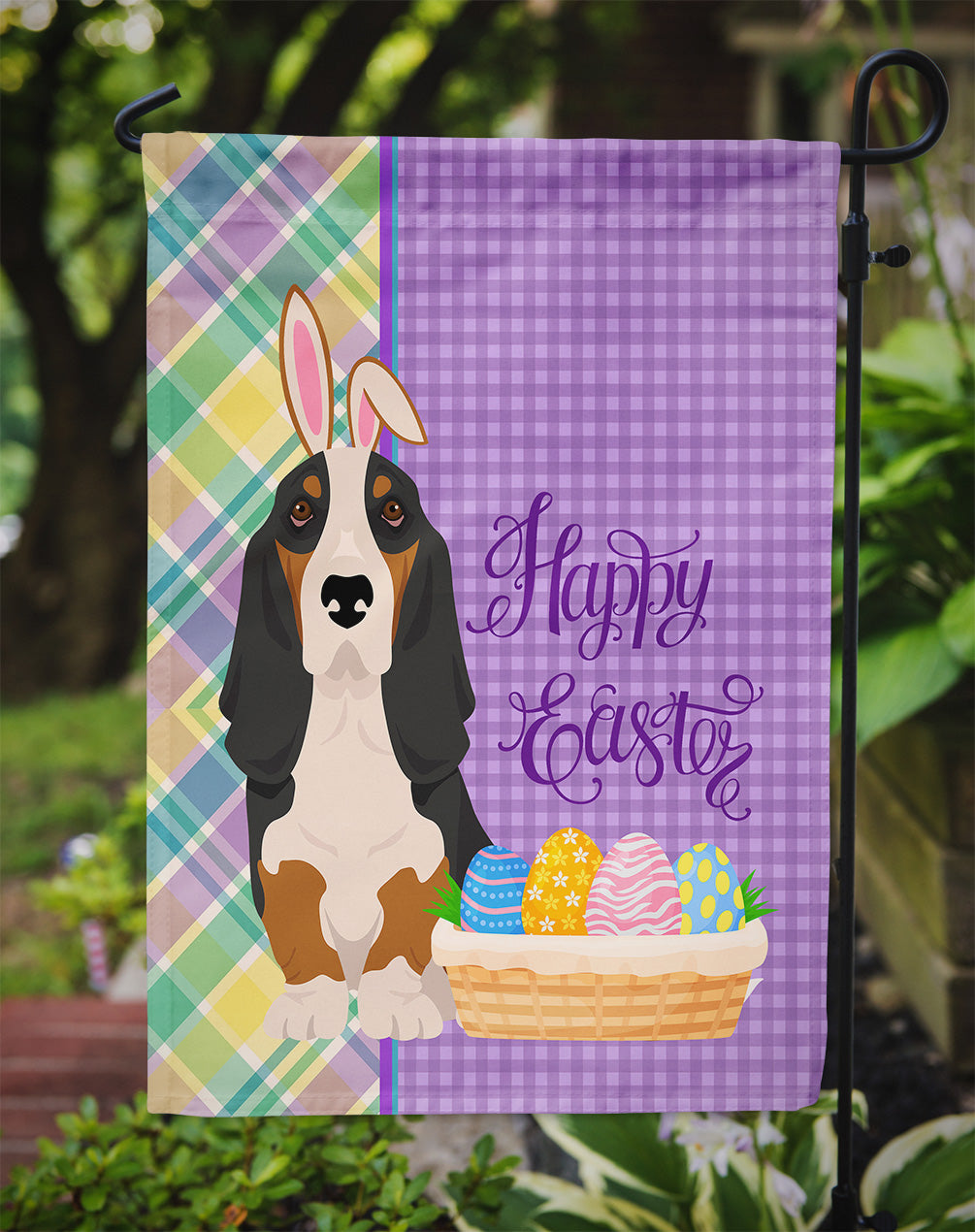 Black Tricolor Basset Hound Easter Garden Flag