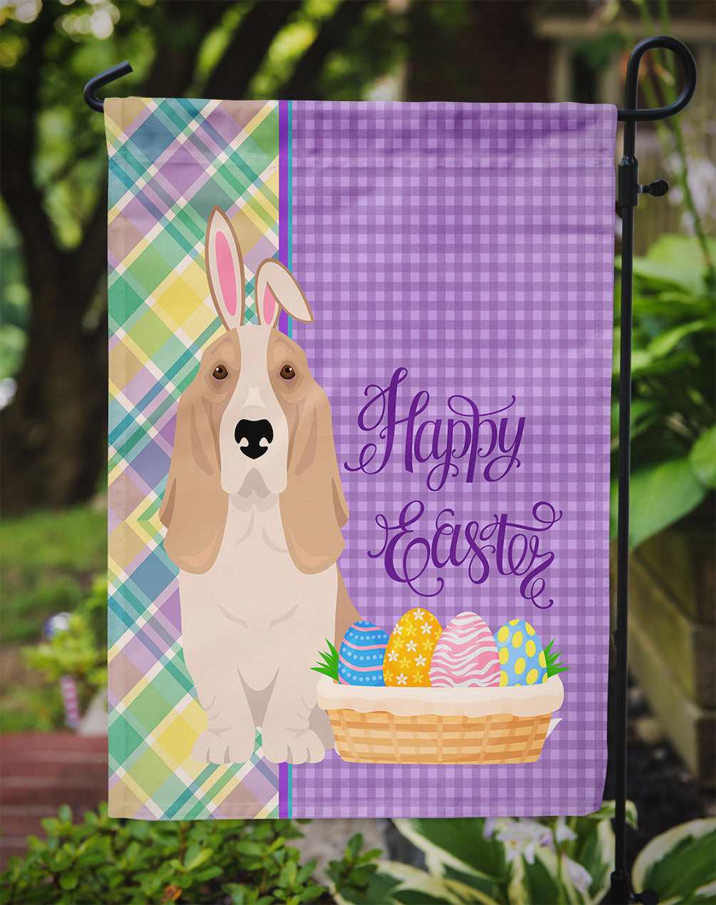 Lemon and White Tricolor Basset Hound Easter Garden Flag