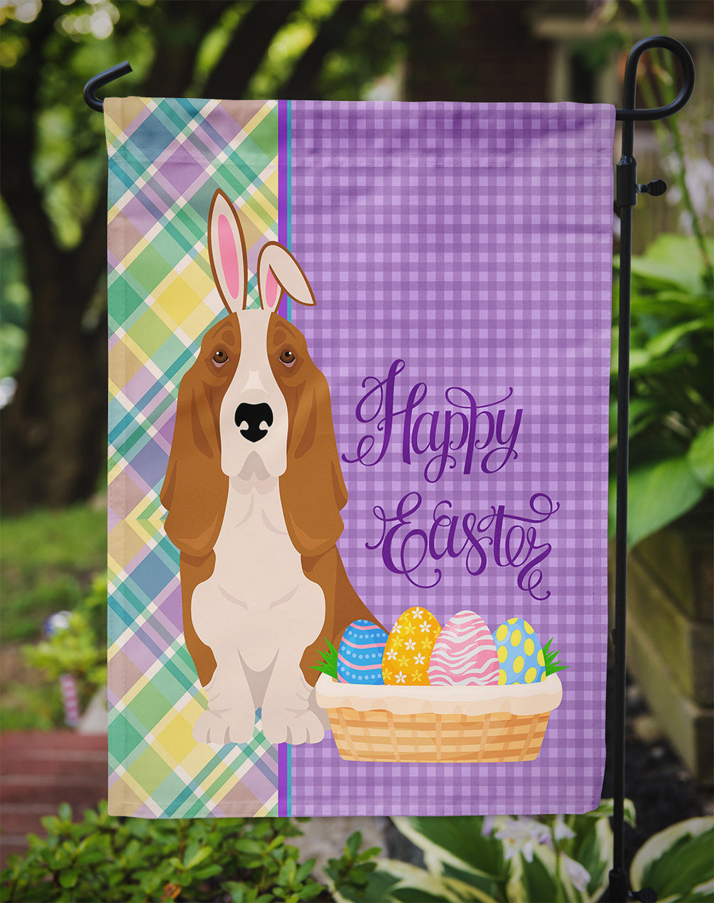 Red and White Tricolor Basset Hound Easter Garden Flag