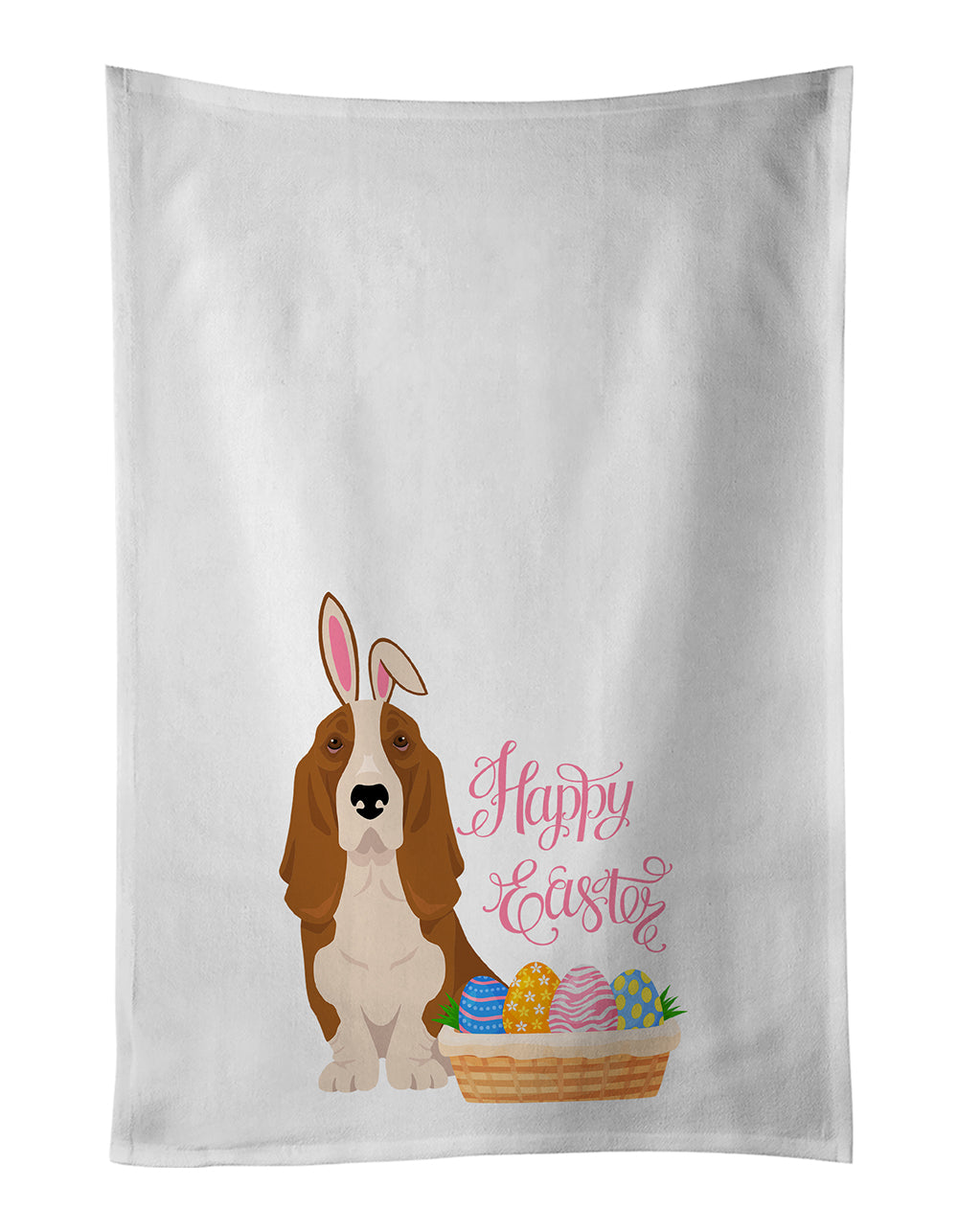 Buy this Red and White Tricolor Basset Hound Easter Kitchen Towel Set of 2