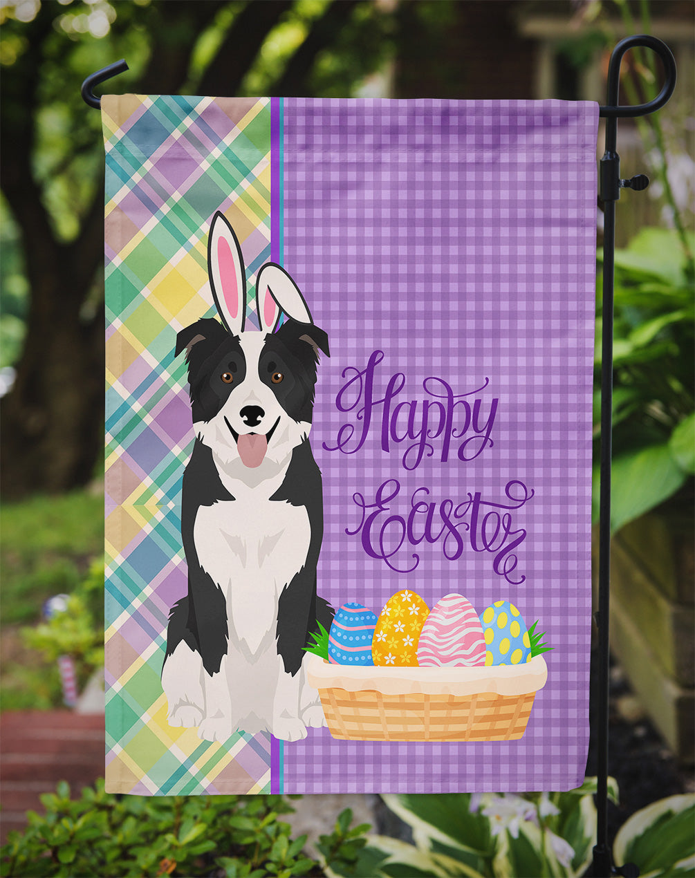 Black and White Border Collie Easter Garden Flag