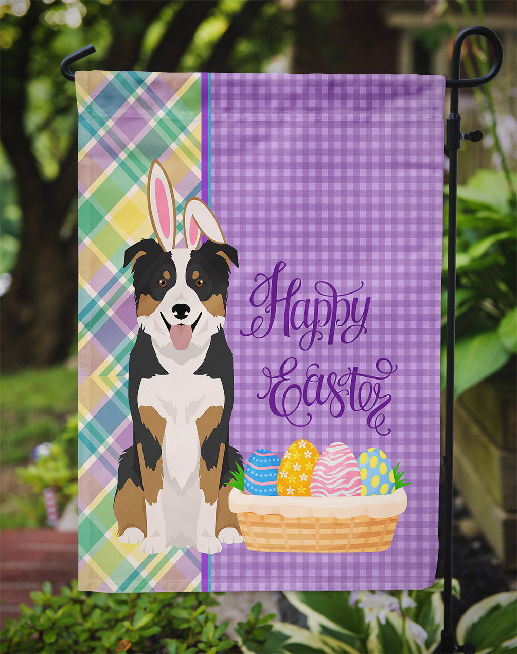 Tricolor Border Collie Easter Garden Flag