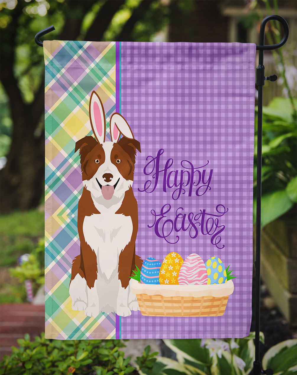 Red and White Border Collie Easter Garden Flag