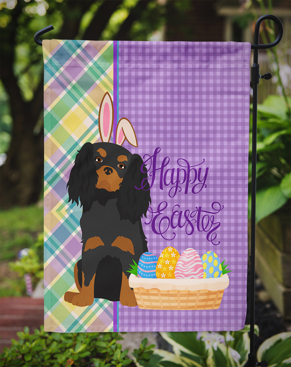 Black and Tan Cavalier Spaniel Easter Garden Flag