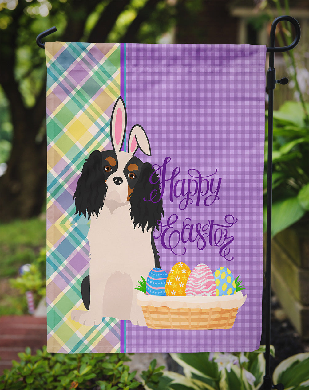 Tricolor Cavalier Spaniel Easter Garden Flag