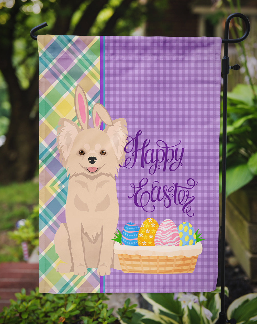 Longhaired Cream Chihuahua Easter Garden Flag