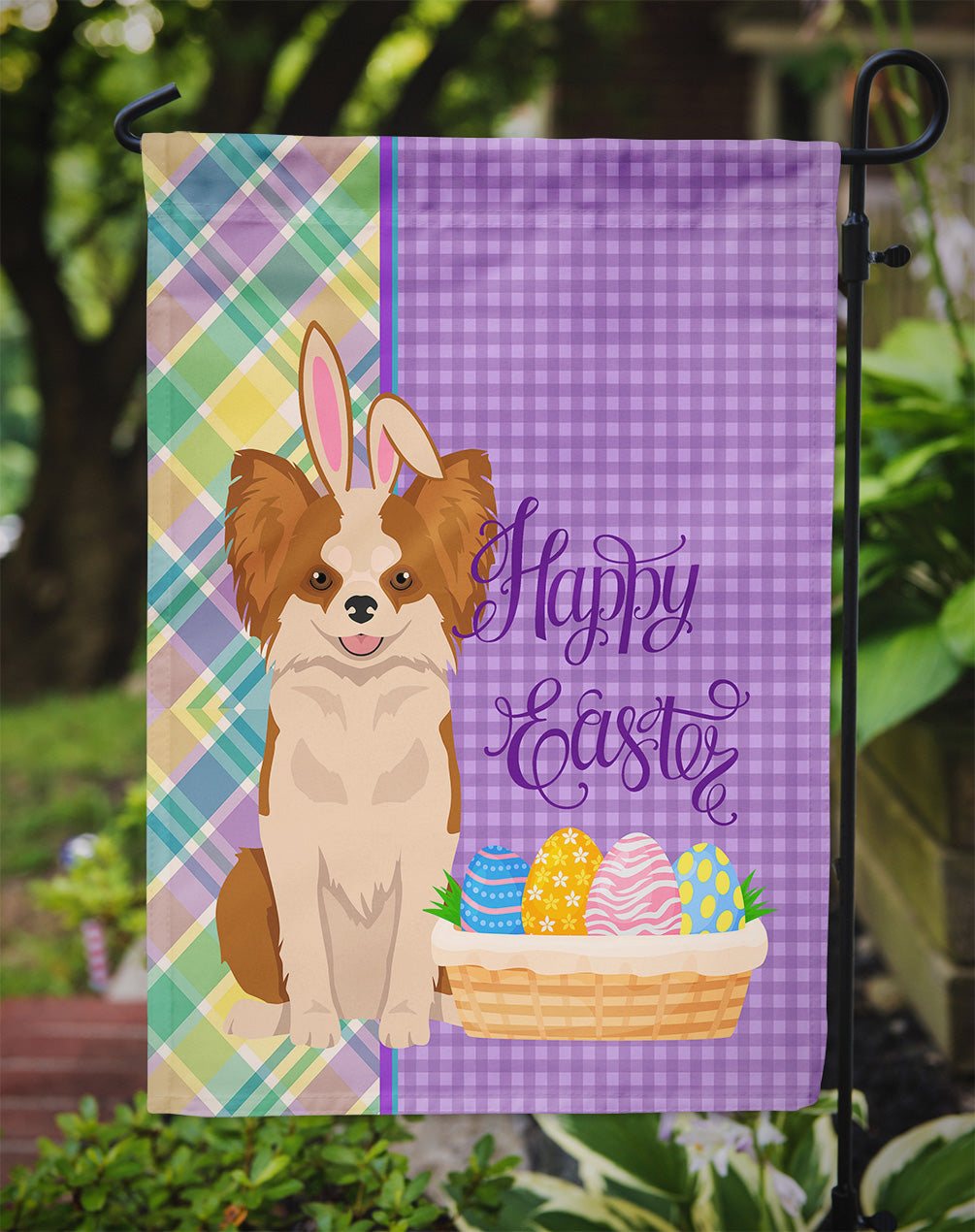 Longhaired Red and White Chihuahua Easter Garden Flag