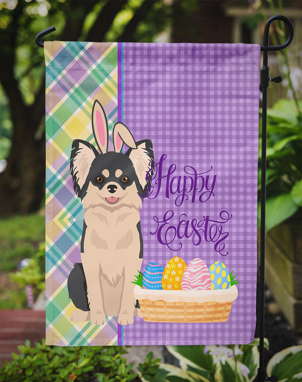 Longhaired Black and White Chihuahua Easter Garden Flag