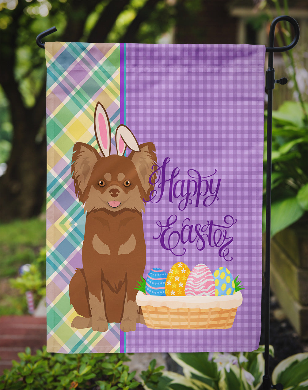 Longhaired Chocolate and Tan Chihuahua Easter Garden Flag