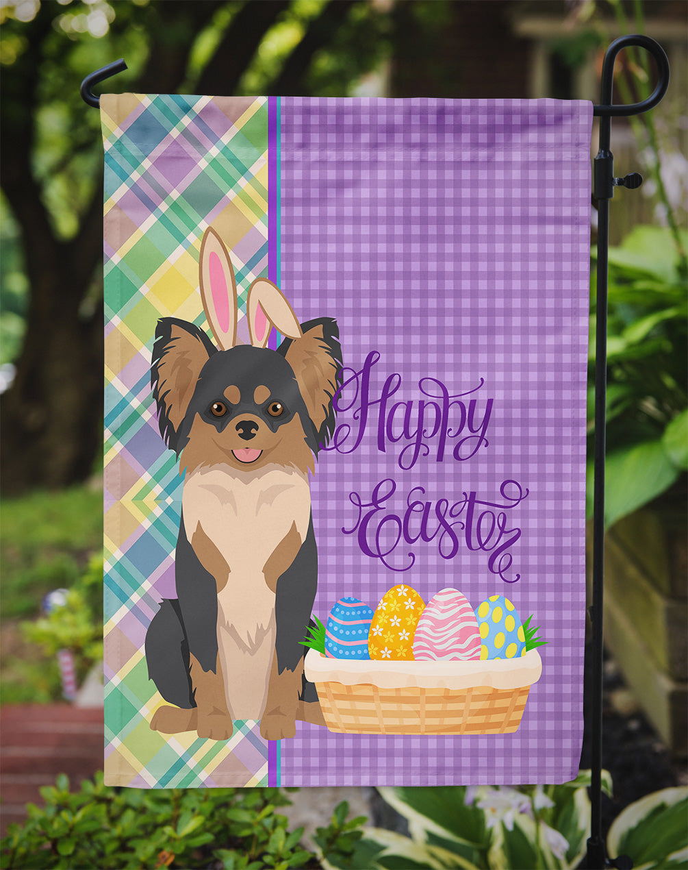 Longhaired Black and Tan Chihuahua Easter Garden Flag