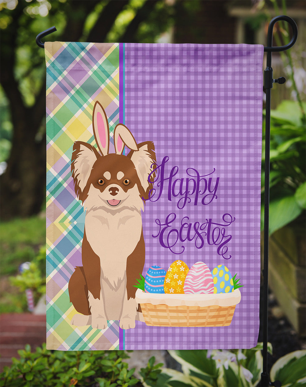 Longhaired Chocolate and White Chihuahua Easter Garden Flag