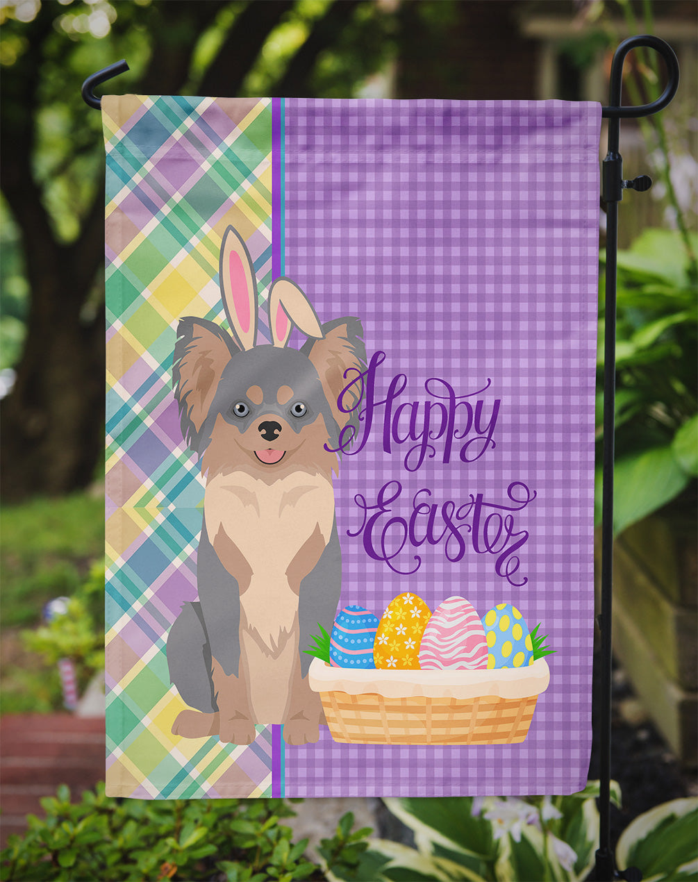 Longhaired Blue and Tan Chihuahua Easter Garden Flag