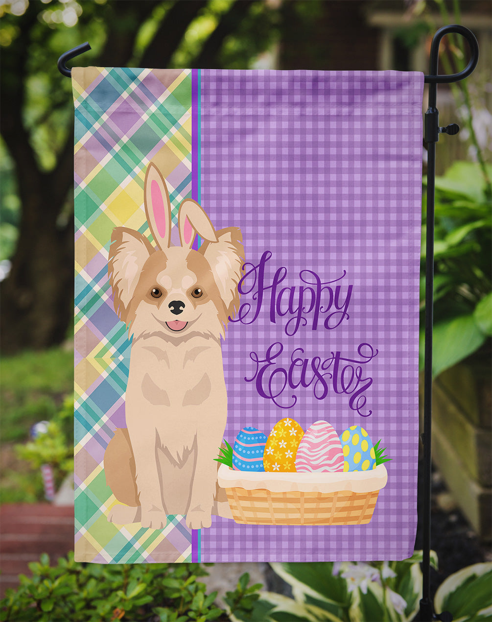 Longhaired Gold and White Chihuahua Easter Garden Flag